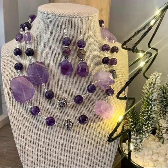 Handmade raw, faceted, link Amethyst & Swarovski crystal necklace & earrings set - Picture 4 of 6